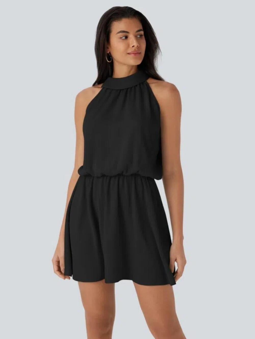 NWT Halara Halter Button Side Neckline Flowy Mini Dress Blouson Top Black MD